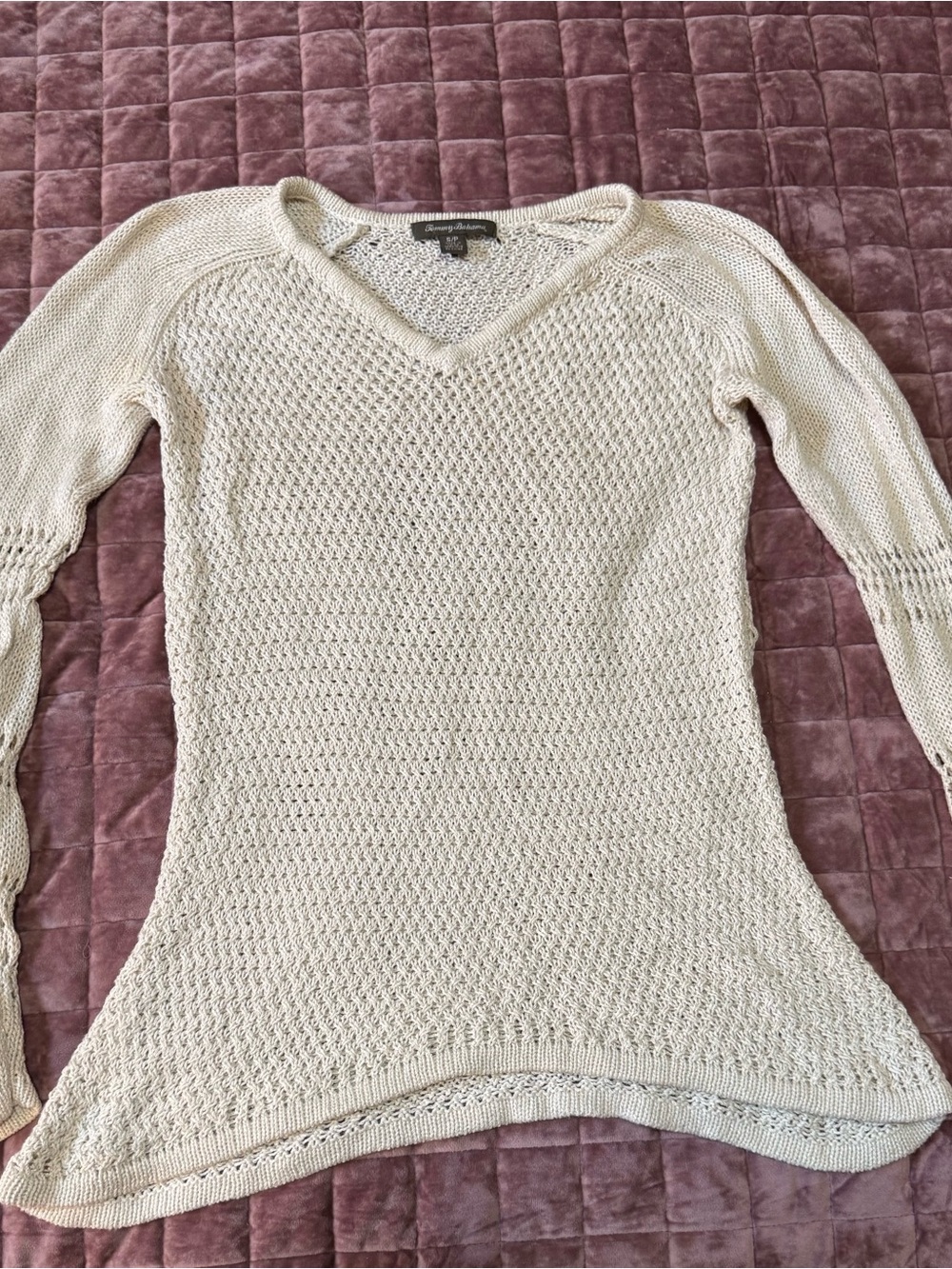 Tommy Bahama Women’s S/P Cream Open Knit V Neck Sweater Tunic